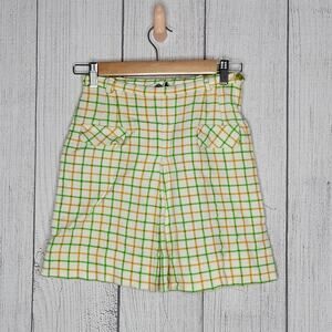 Vintage Green & Yellow Grid Plaid Pleated Mini Skirt, 24" waist